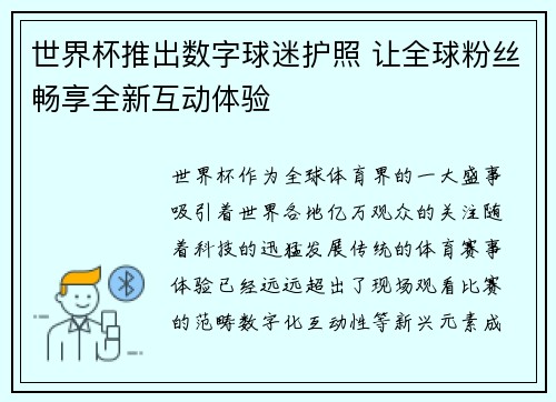 世界杯推出数字球迷护照 让全球粉丝畅享全新互动体验